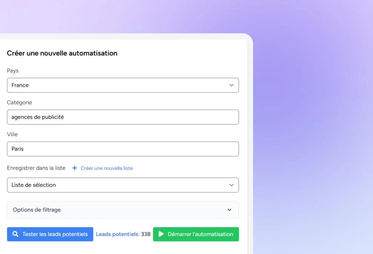 Formulaire de création d'une automatisation de prospection LeadCible