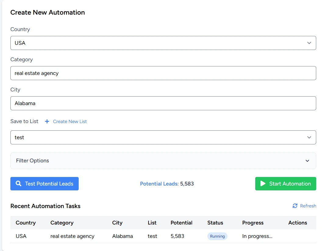 Tableau de bord de l'automatisation de prospection